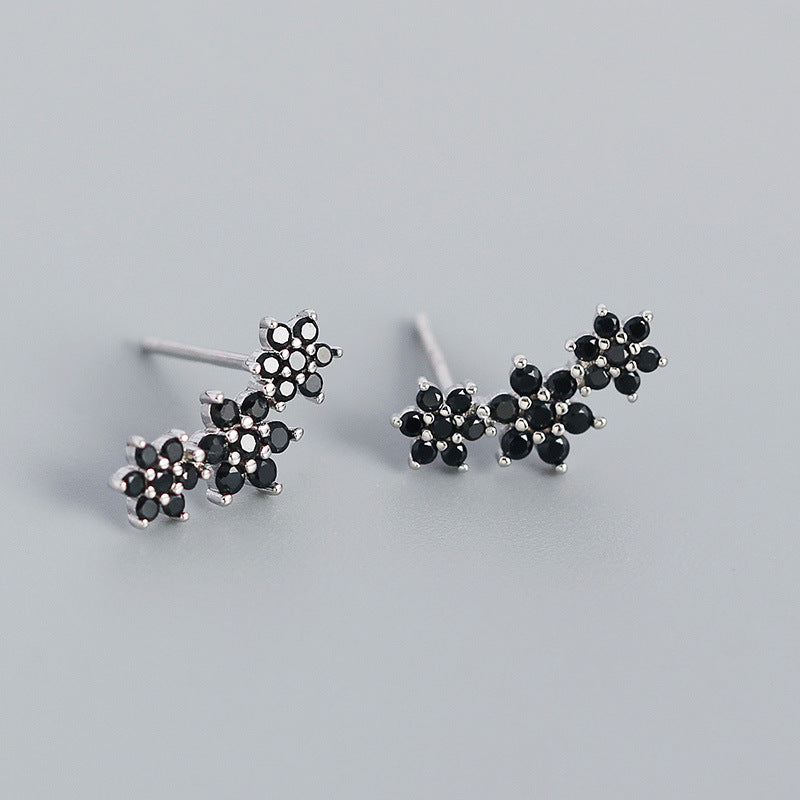 Triple Flower Black Cubic Zirconia Climber Earrings In Sterling Silver