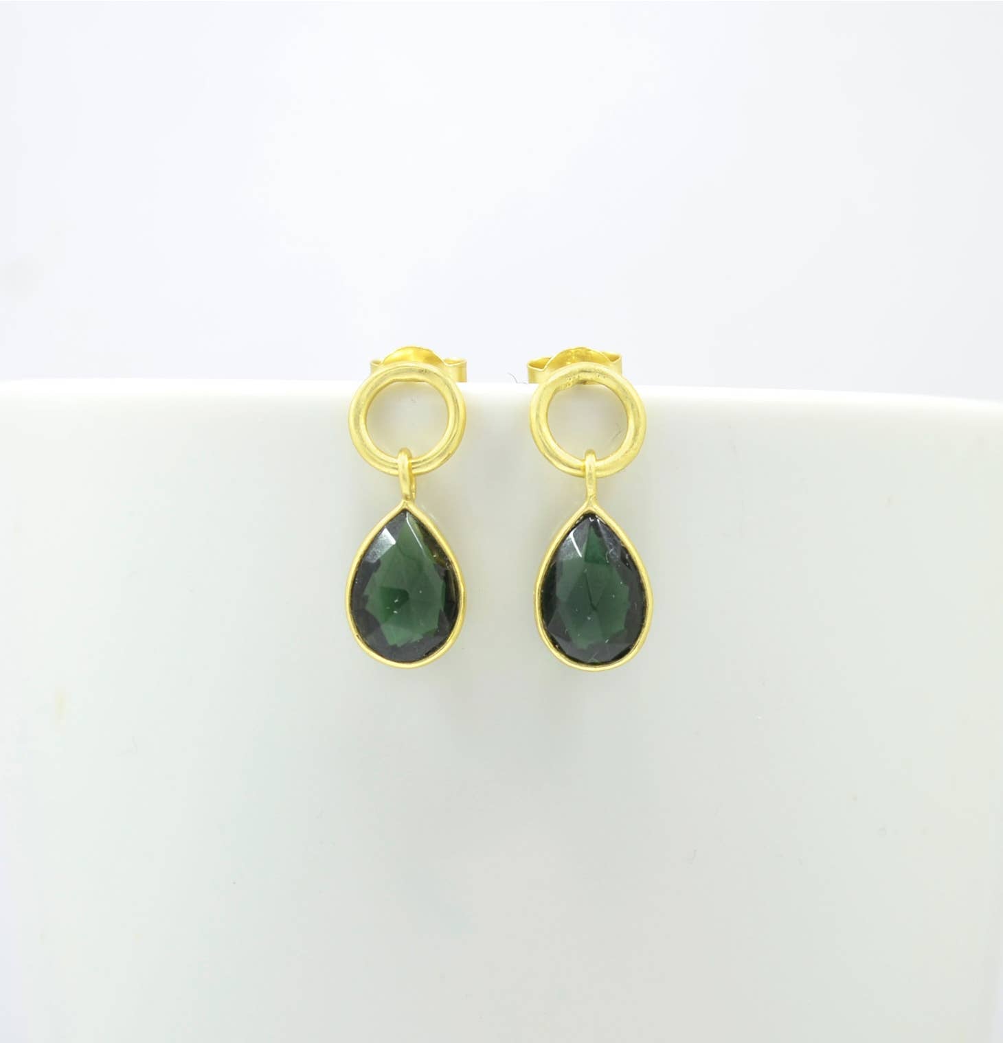 Circle Post Green Tourmaline Gold Plated Earrings