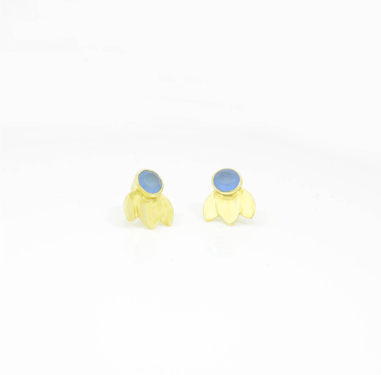 Lotus Leaf Gold Plated Stud Earrings With Blue Chalcedony