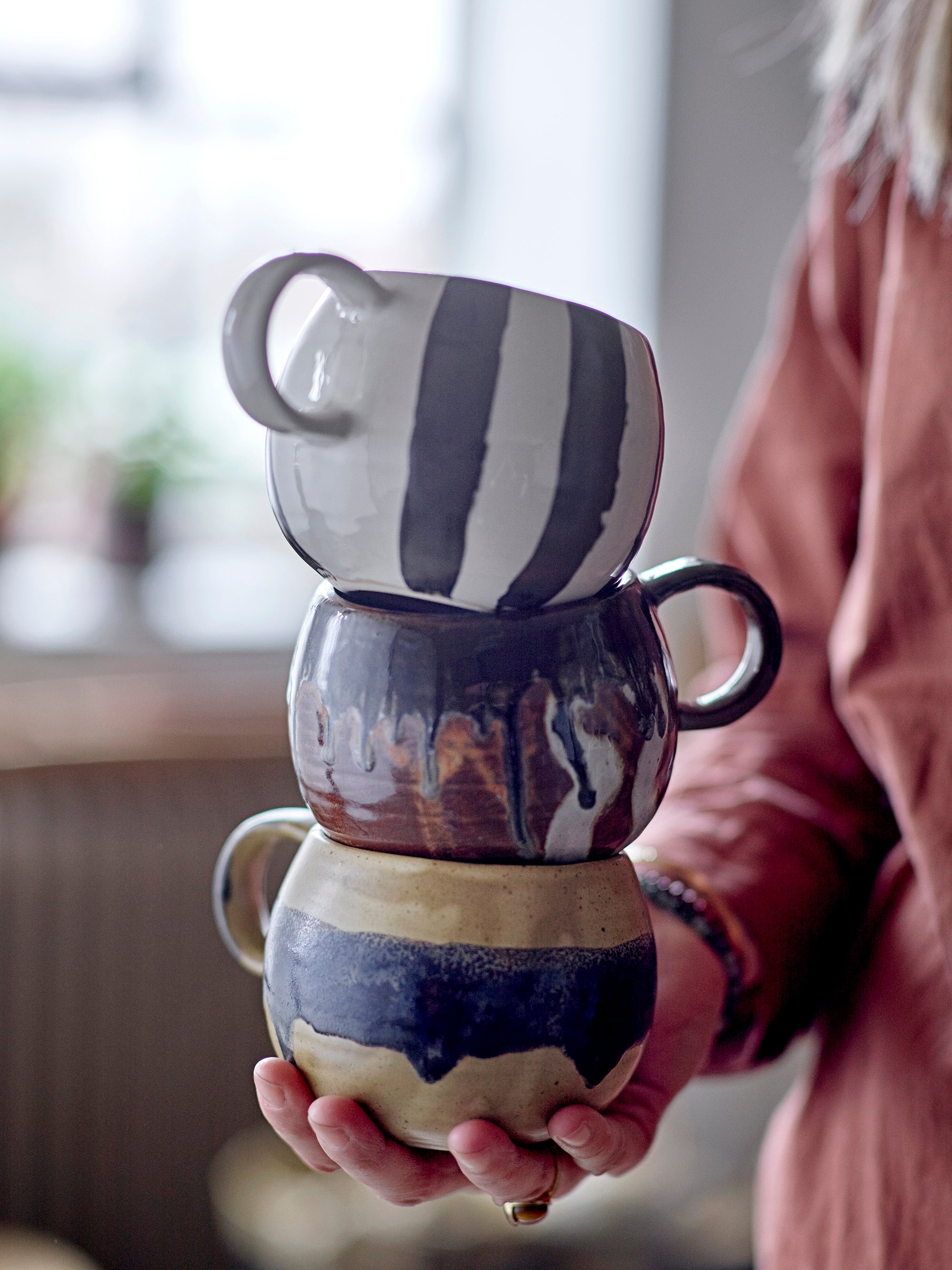 Black And Cream Striped Stoneware Mug