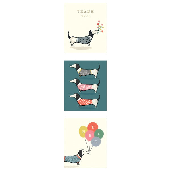 Pack Of 12 Mini Sausage Dog Thank You Cards
