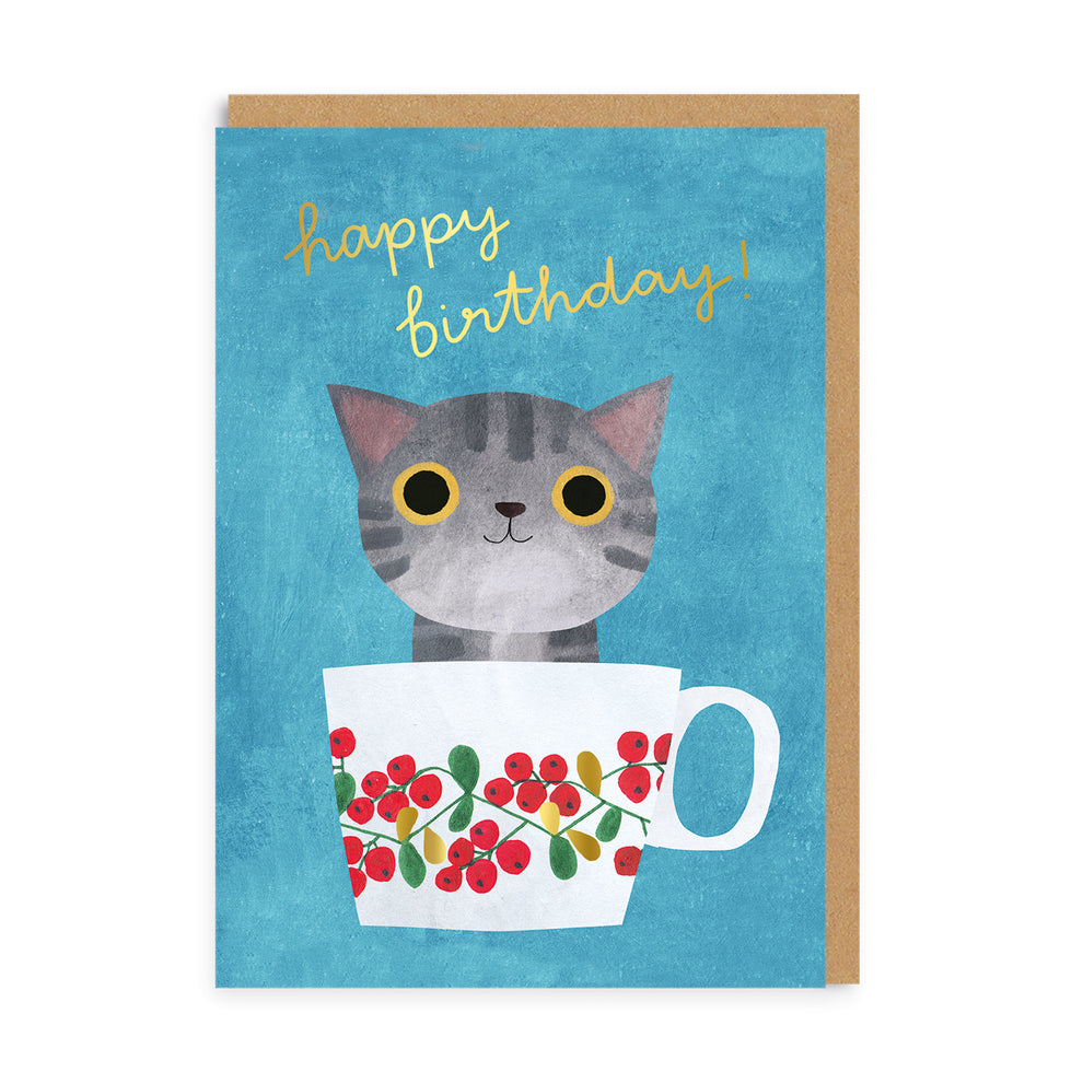 Blue Teacup Kitten Birthday Card