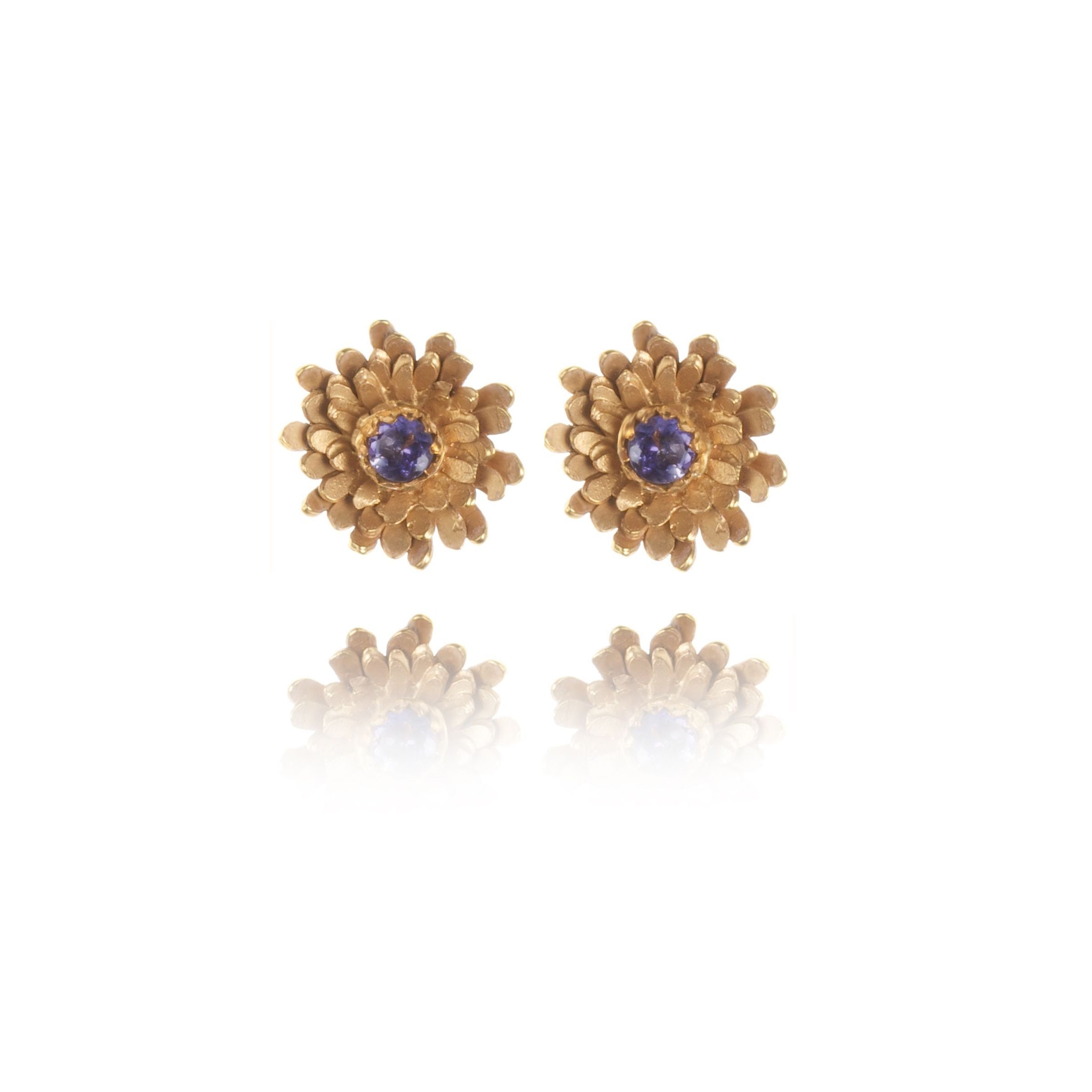 Gold Vermeil Dahlia Stud Earrings With Iolite Semi Precious Stone