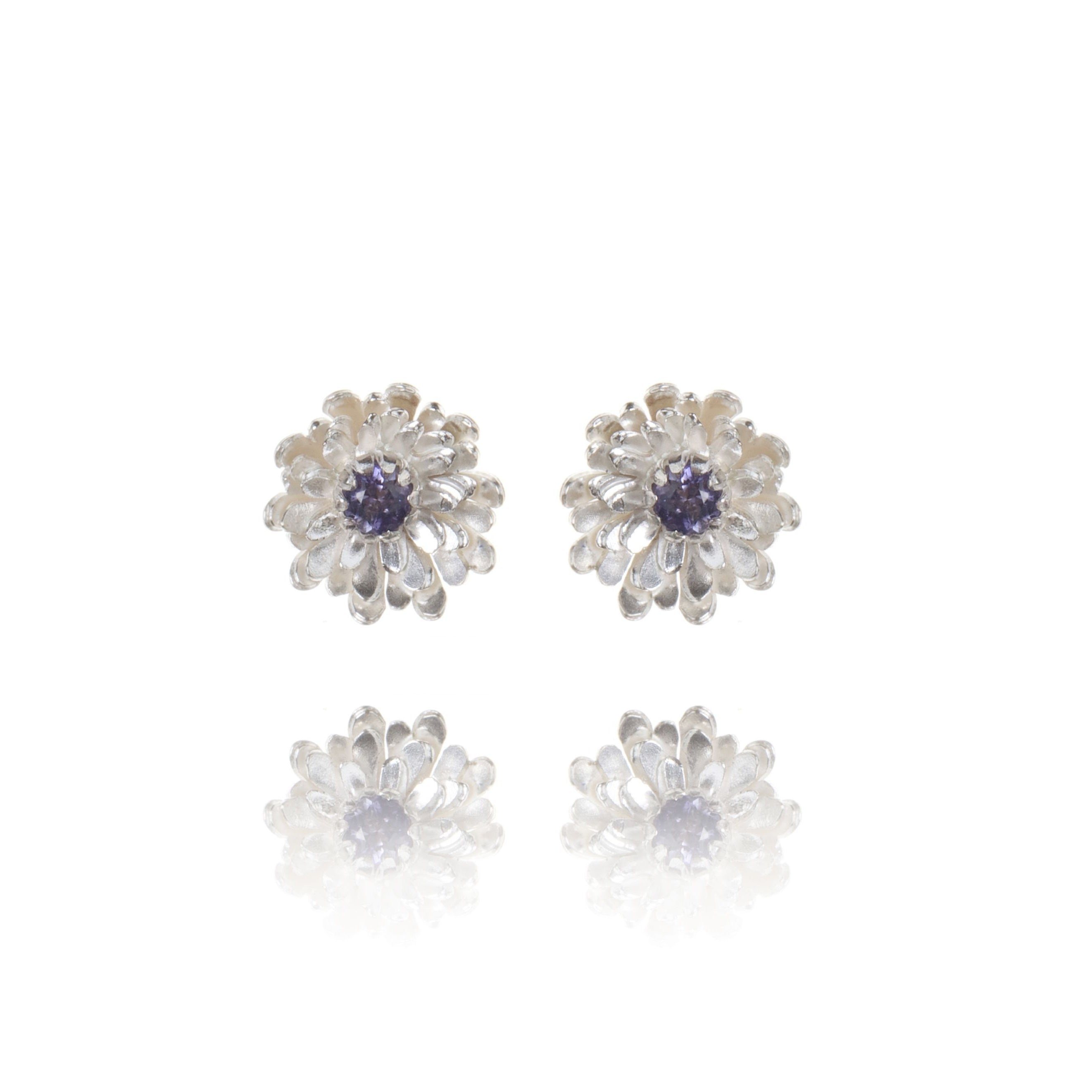 Sterling Silver Dahlia Stud Earrings With Iolite Semi Precious Stone