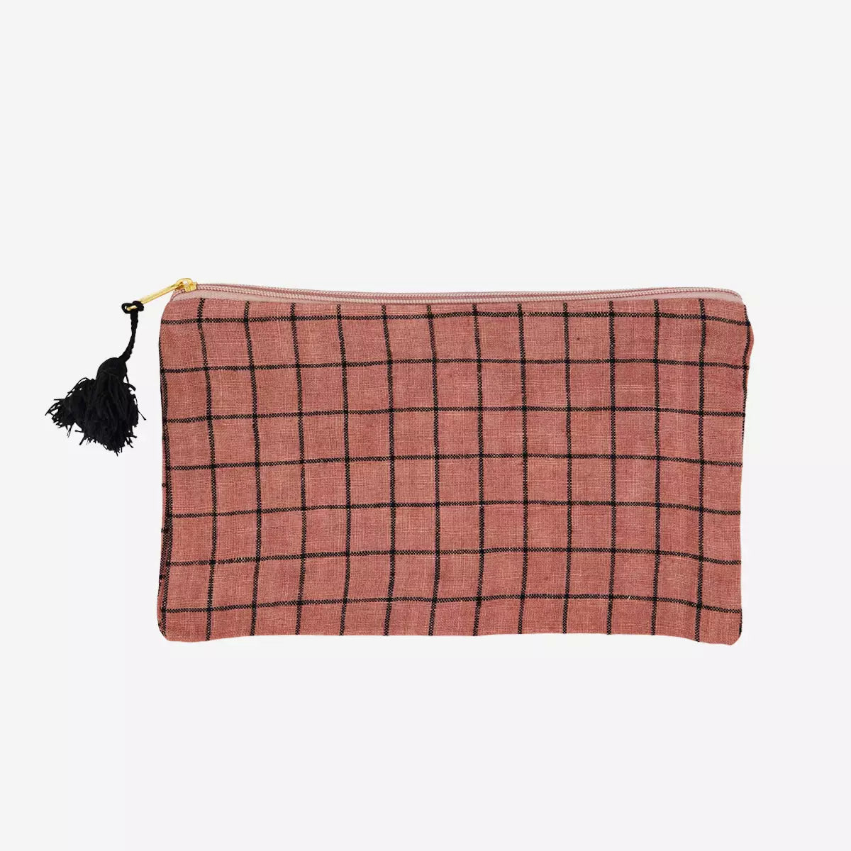 Checked Linen Pouch With Tassel - Sorbet & Black