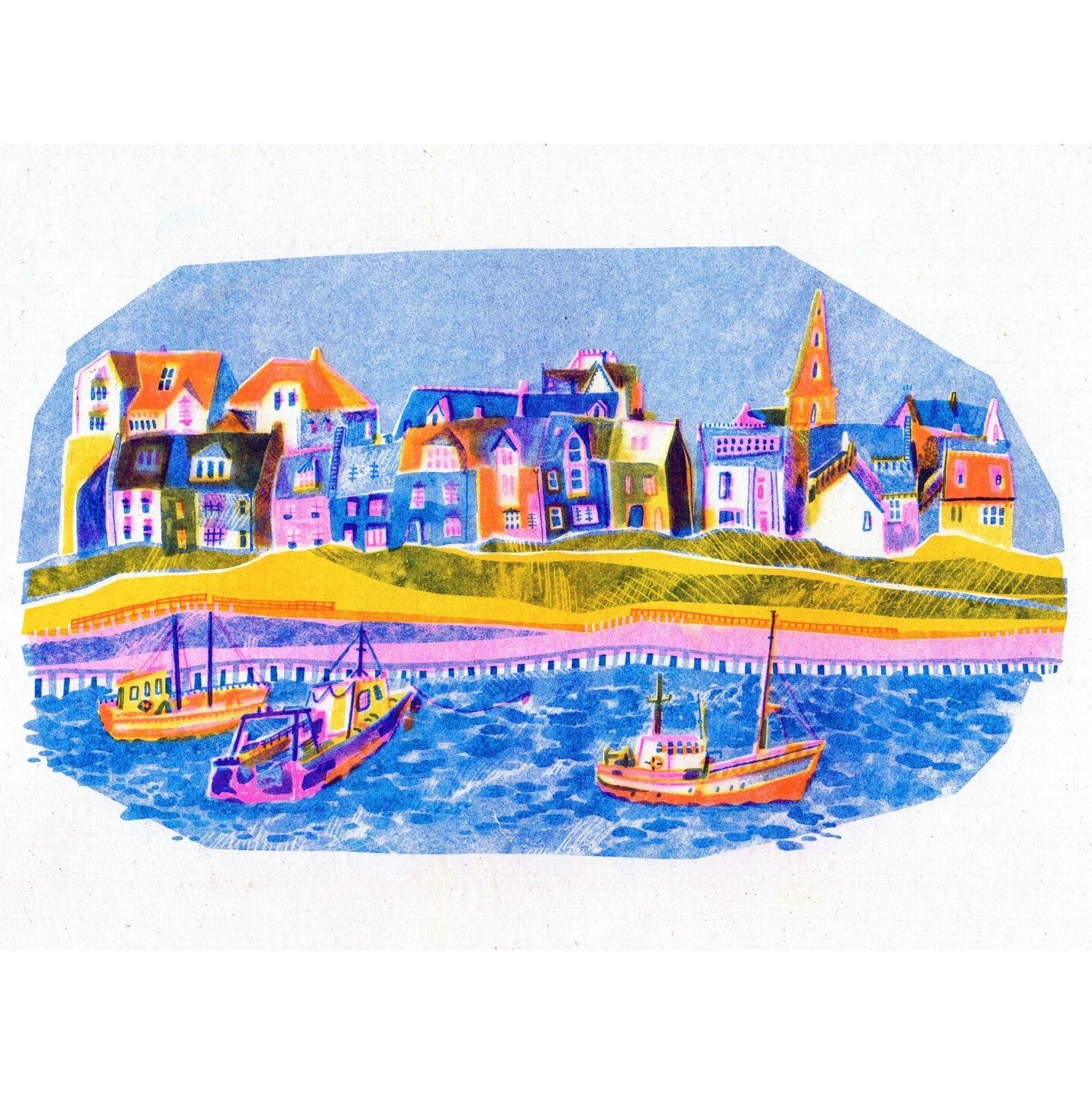 Colourful Scottish Harbour Risograph Print