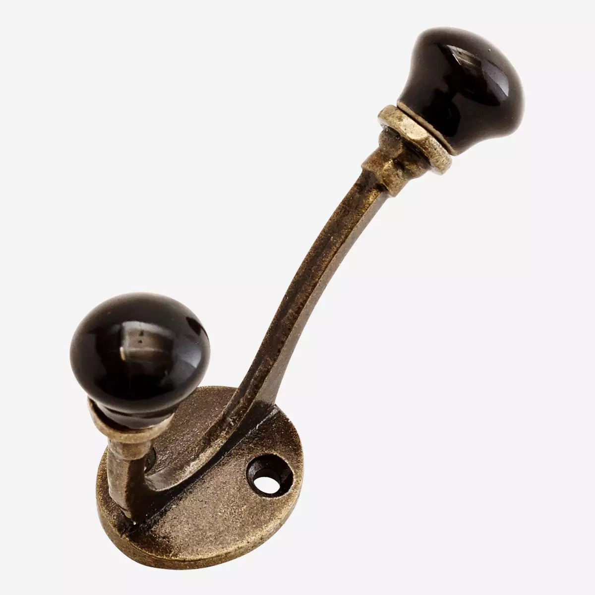 Hand Forged Antique Gold Double Hook With Black Ceramic Finial