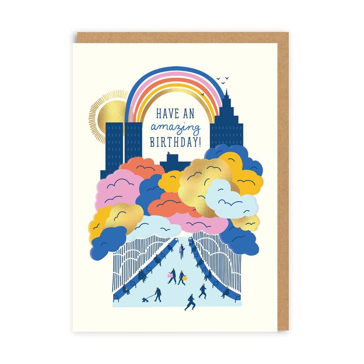 Have An Amazing Birthday City Scape With Rainbow Card
