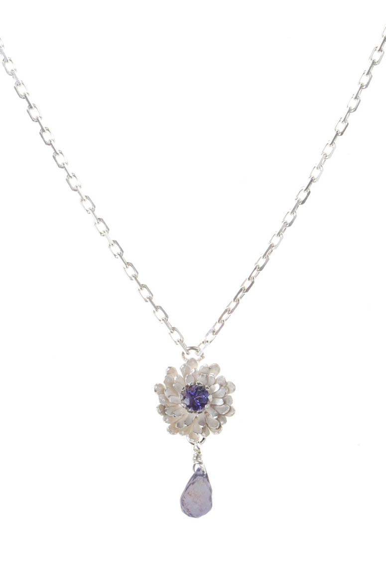 Silver Dahlia Necklace With Iolite Centre & Iolite Drop