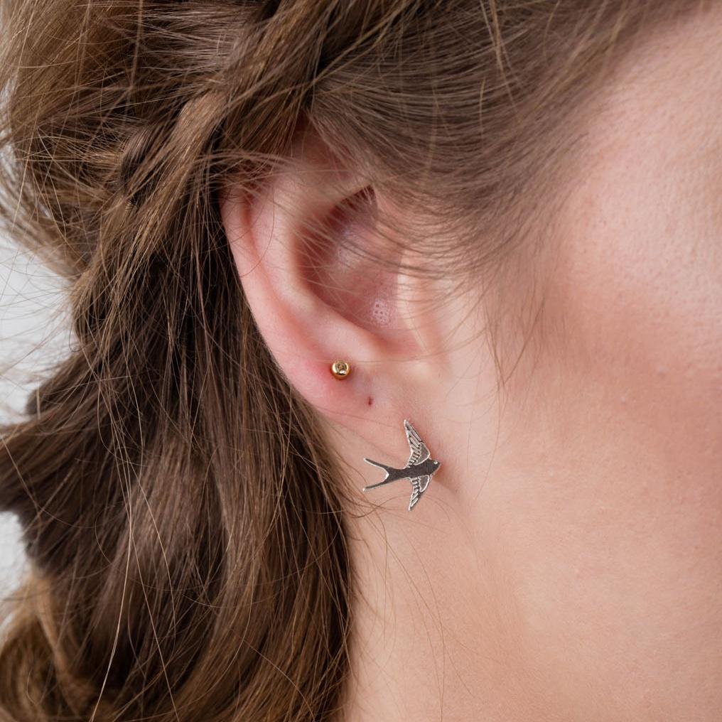 Tiny Sterling Silver Swallow Stud Earrings