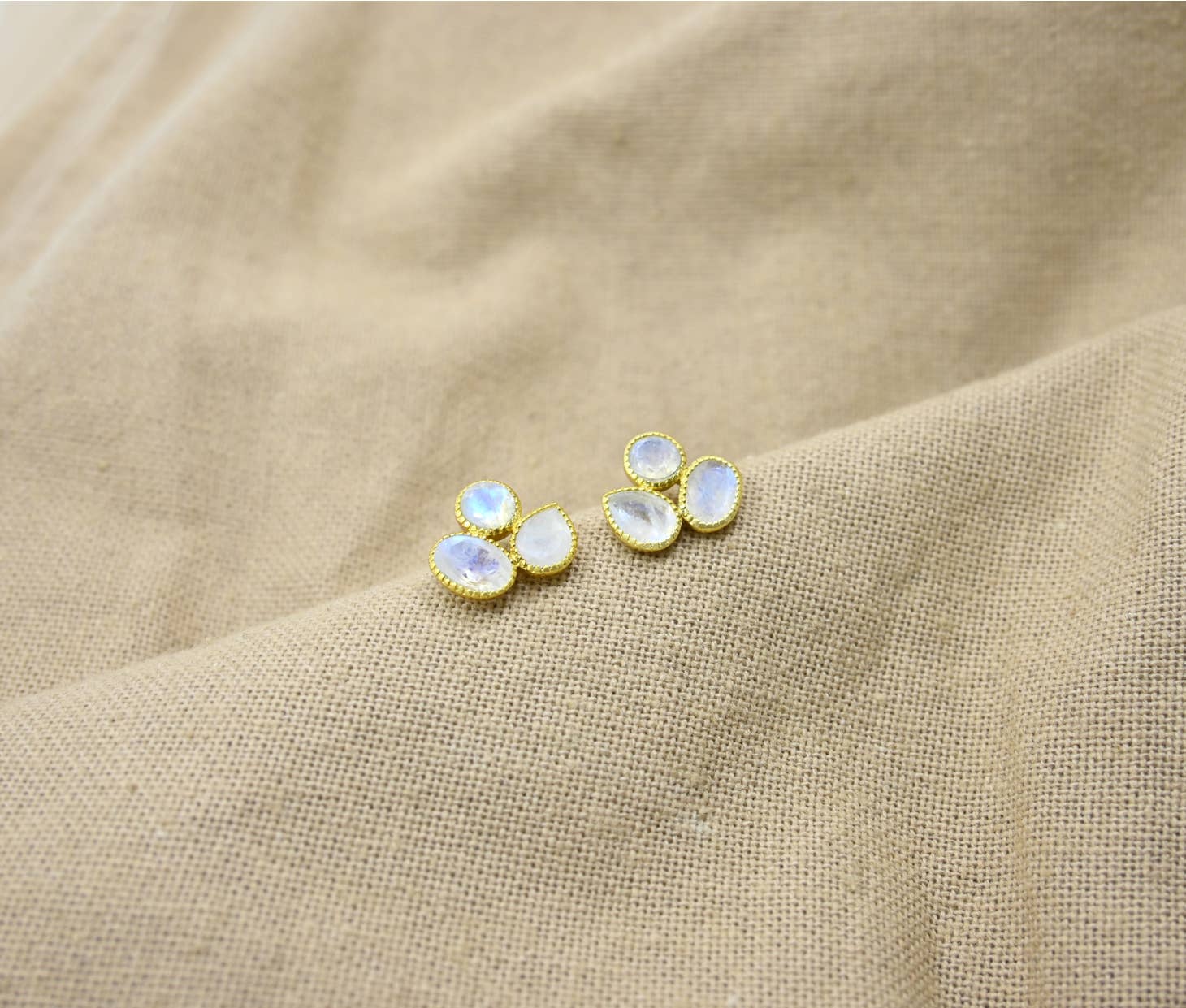 Triple Stone Gold Plated Stud Earrings With Moonstone