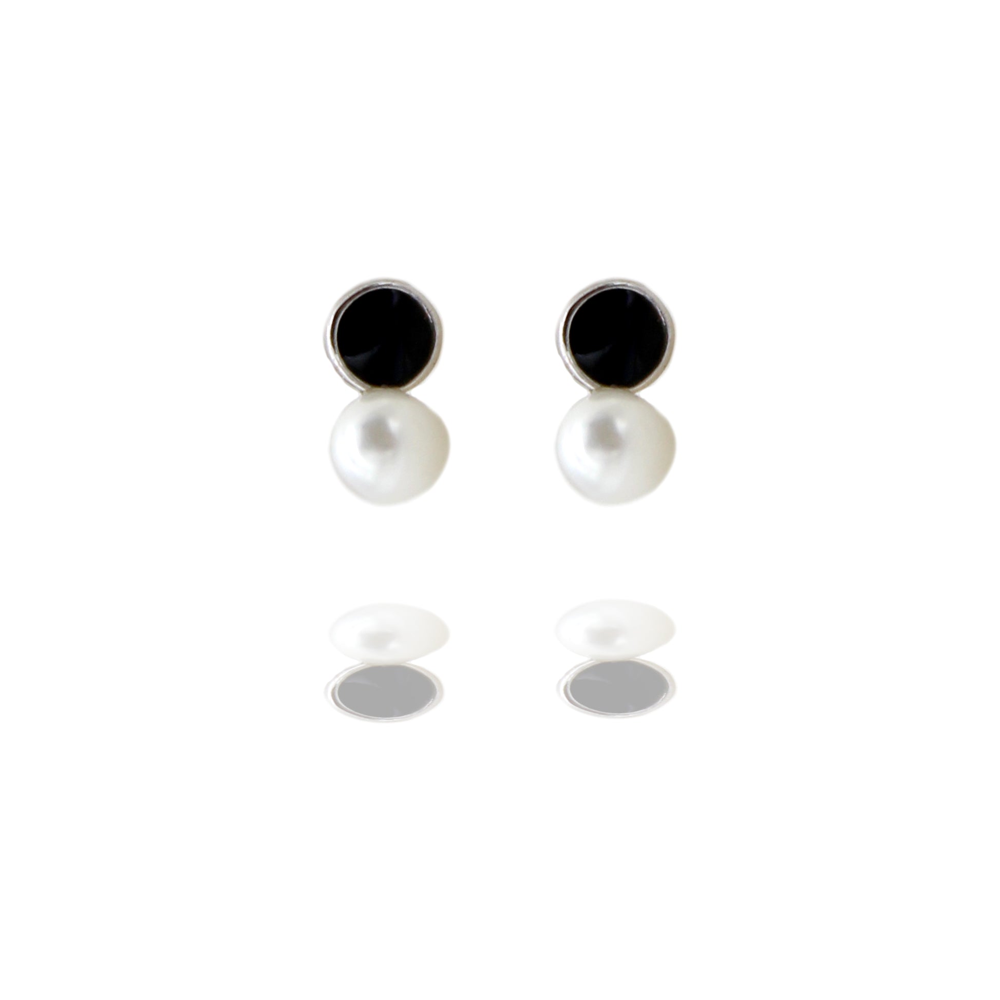 Sterling Silver Pearl and Black Enamel Stud Earrings