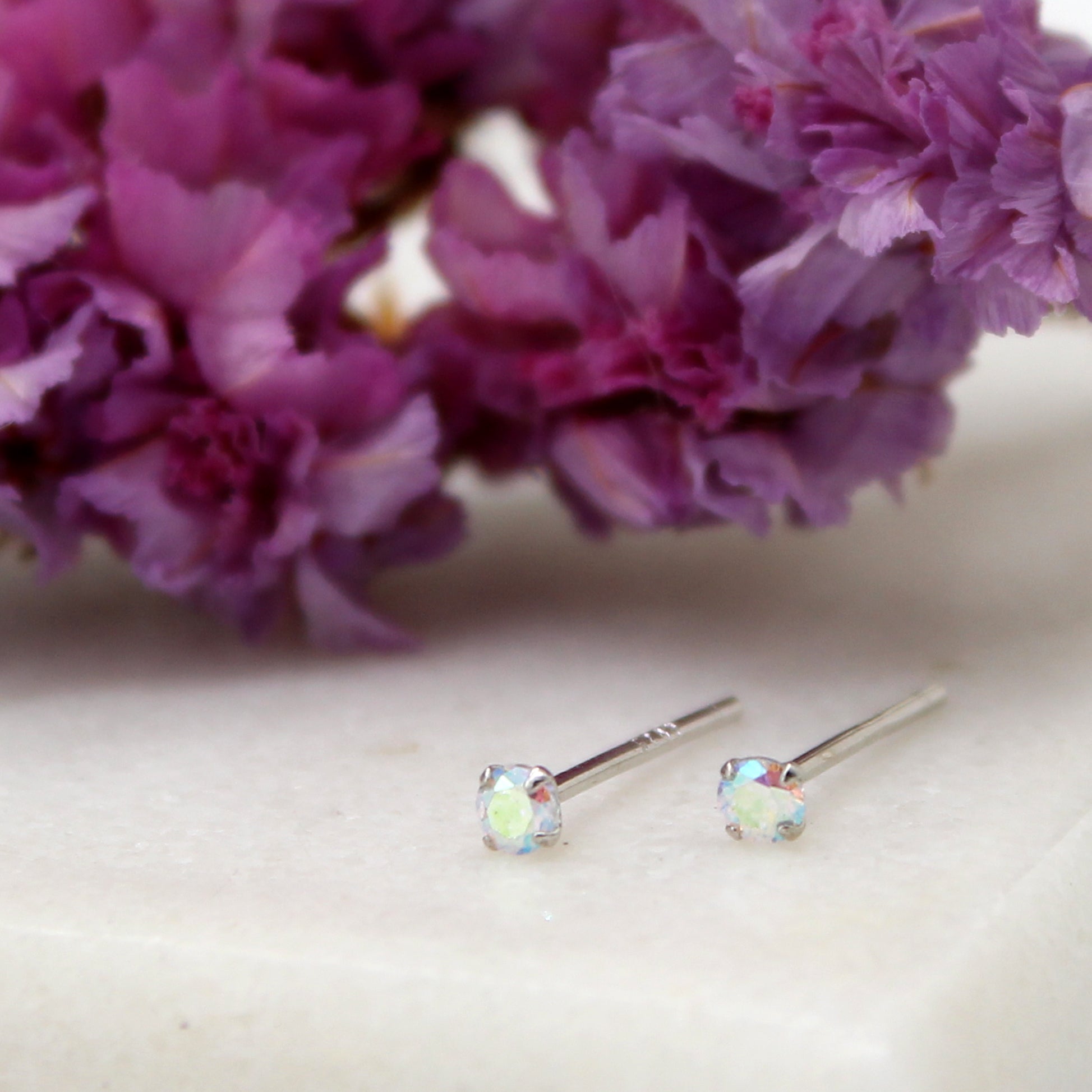 Sterling Silver Tiny Iridescent Gem Stud Earrings