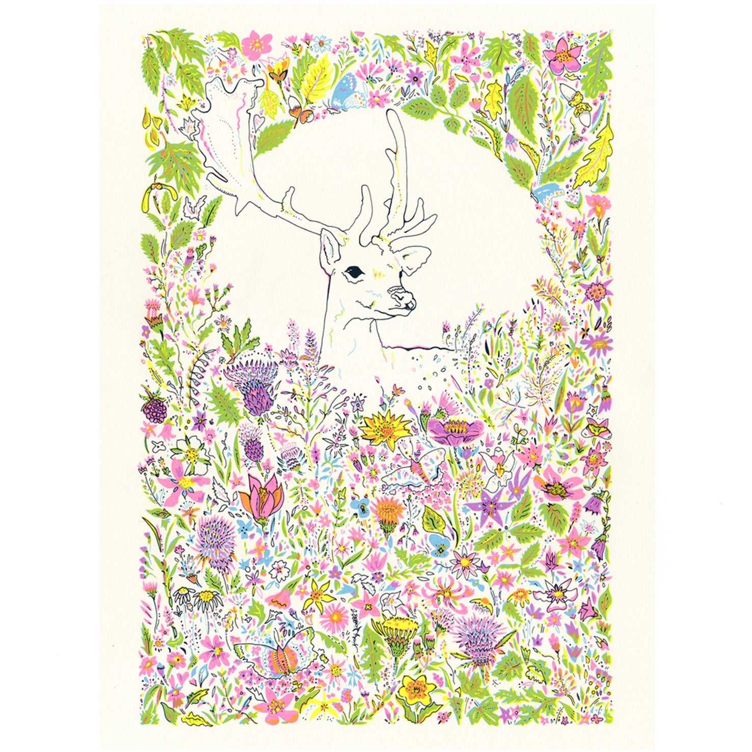 Floral Fawn Hand Pulled Screen Print