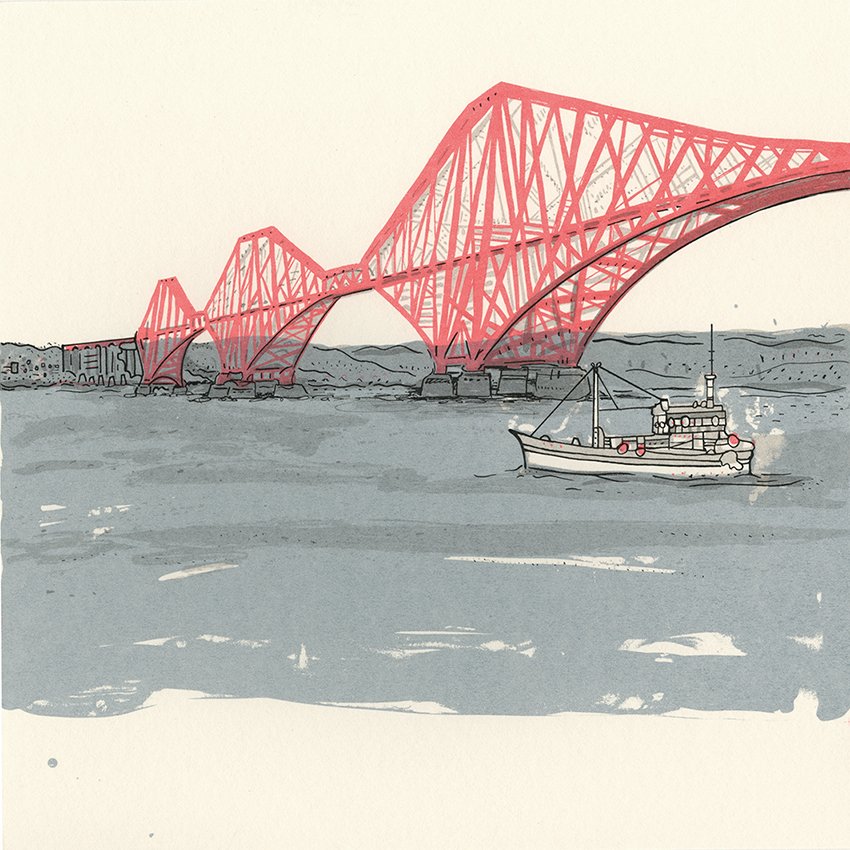 Forth Rail Bridge With Boat Hand Pulled Screen Print