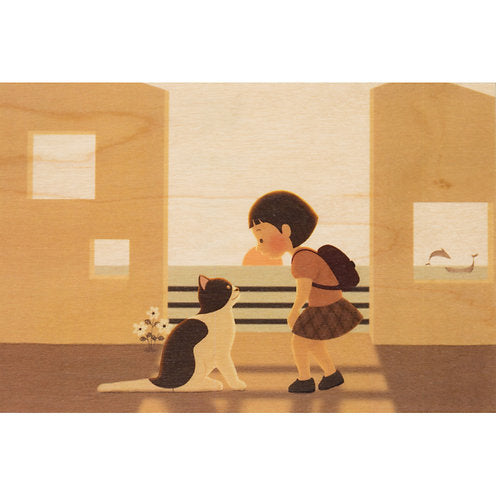 Kitty and Child Wooden Postcard