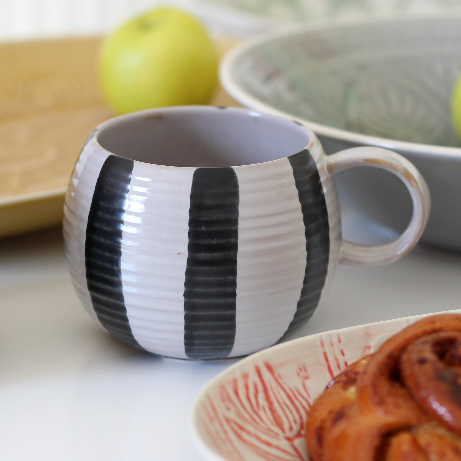 Black And Cream Striped Stoneware Mug